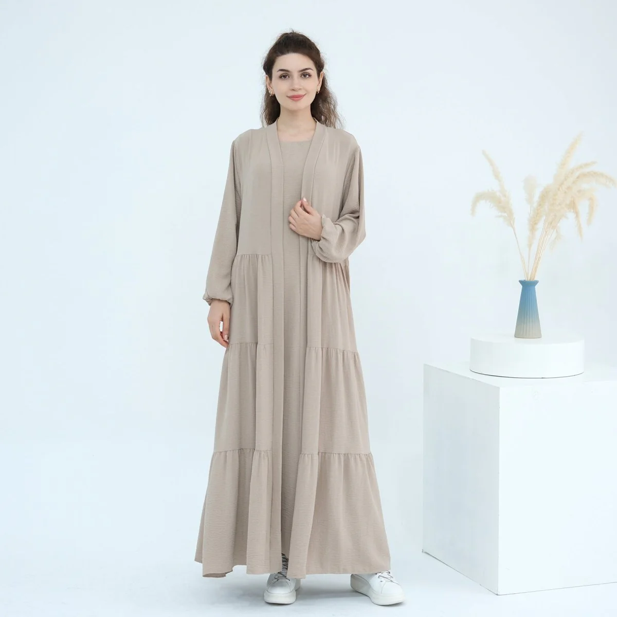 Solid Color Puff Sleeve Layered Maxi Dress Robe Dress Two-Piece Set (MOA165) - Image 30