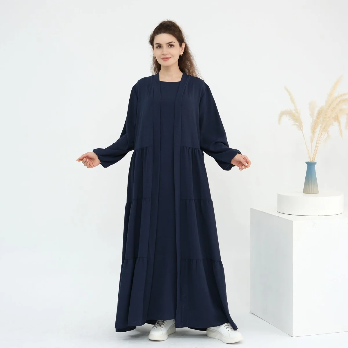 Solid Color Puff Sleeve Layered Maxi Dress Robe Dress Two-Piece Set (MOA165) - Image 31