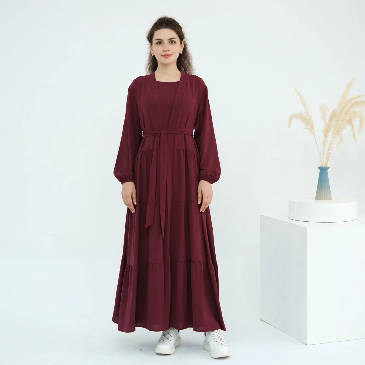 Solid Color Puff Sleeve Layered Maxi Dress Robe Dress Two-Piece Set (MOA165) - Image 4
