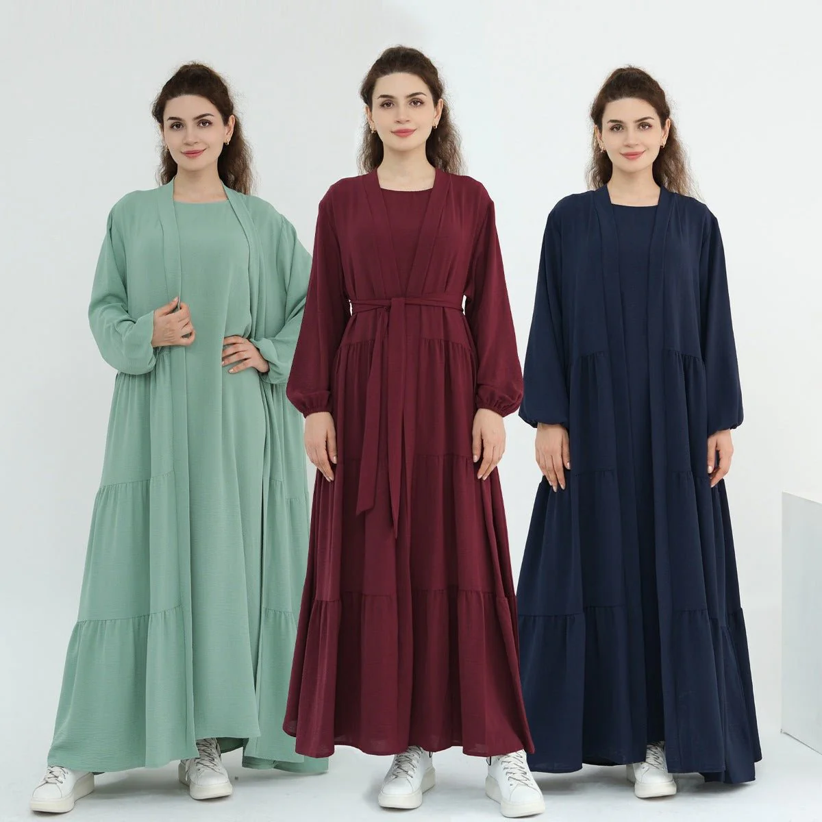 Solid Color Puff Sleeve Layered Maxi Dress Robe Dress Two-Piece Set (MOA165) - Image 5