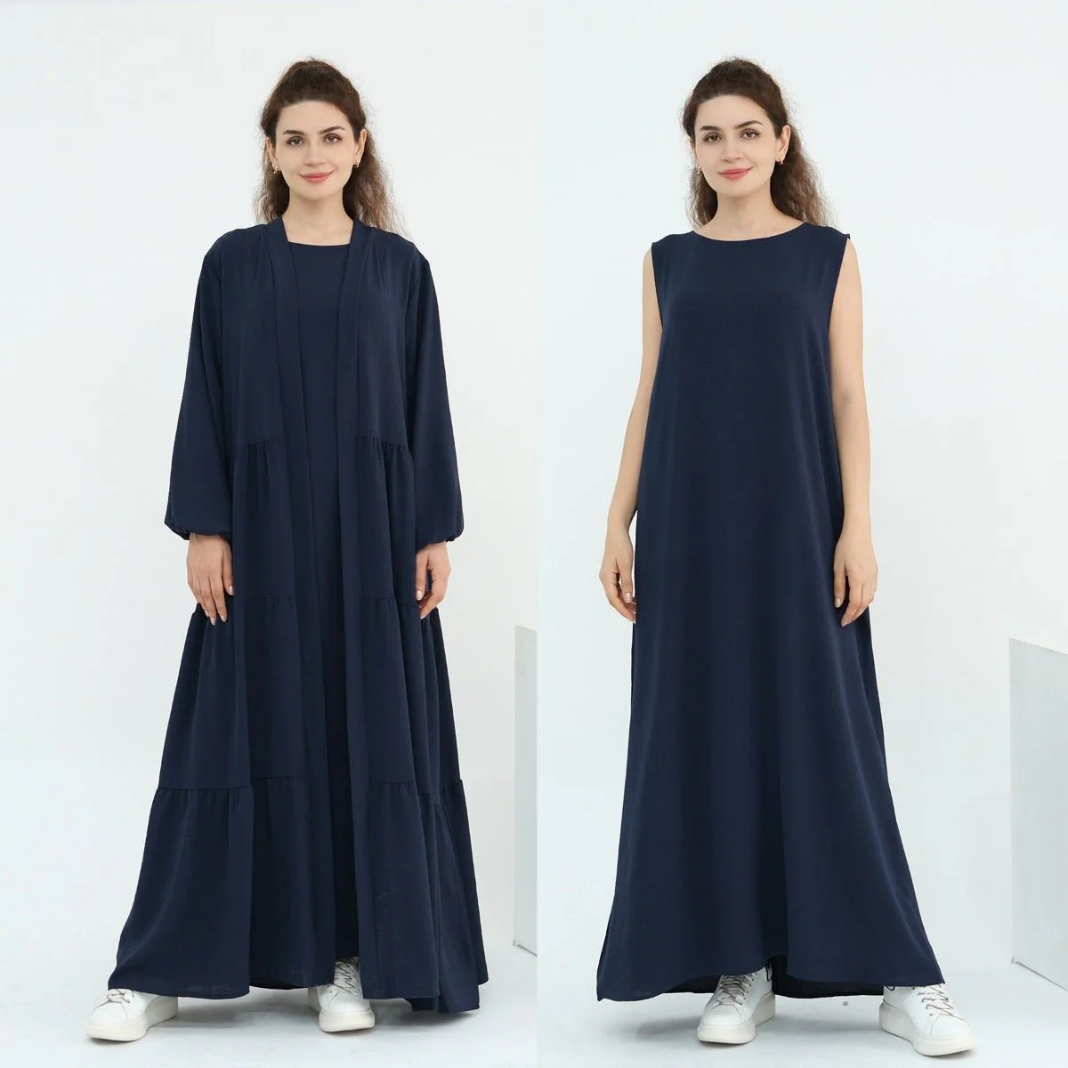 Solid Color Puff Sleeve Layered Maxi Dress Robe Dress Two-Piece Set (MOA165) - Image 6