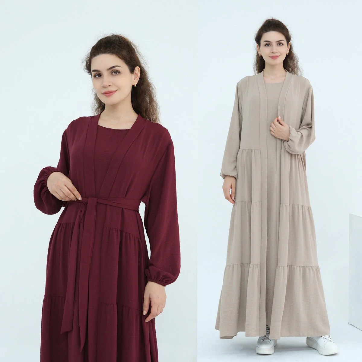 Solid Color Puff Sleeve Layered Maxi Dress Robe Dress Two-Piece Set (MOA165) - Image 7