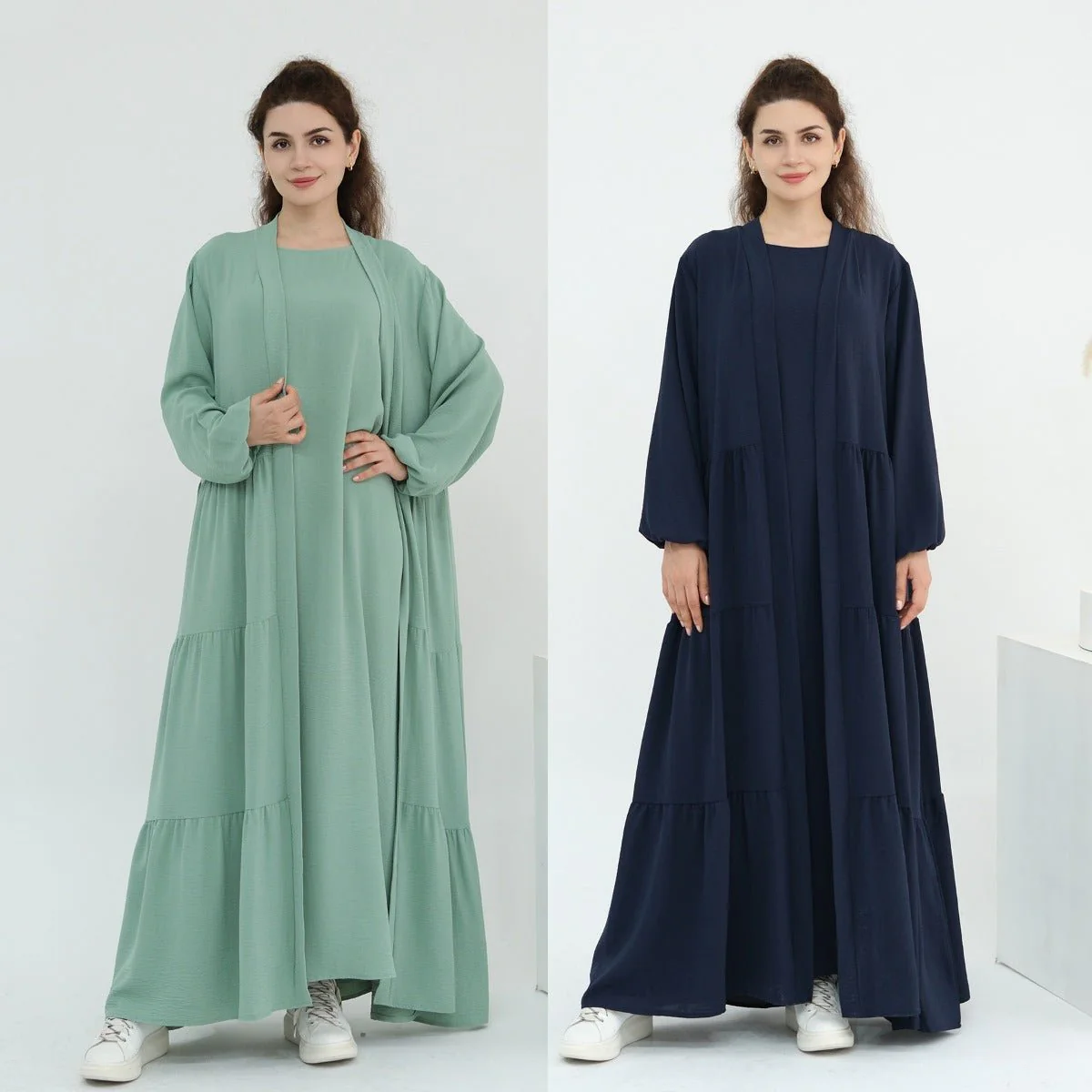 Solid Color Puff Sleeve Layered Maxi Dress Robe Dress Two-Piece Set (MOA165) - Image 8