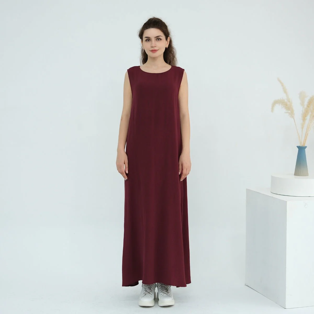 Solid Color Puff Sleeve Layered Maxi Dress Robe Dress Two-Piece Set (MOA165) - Image 9
