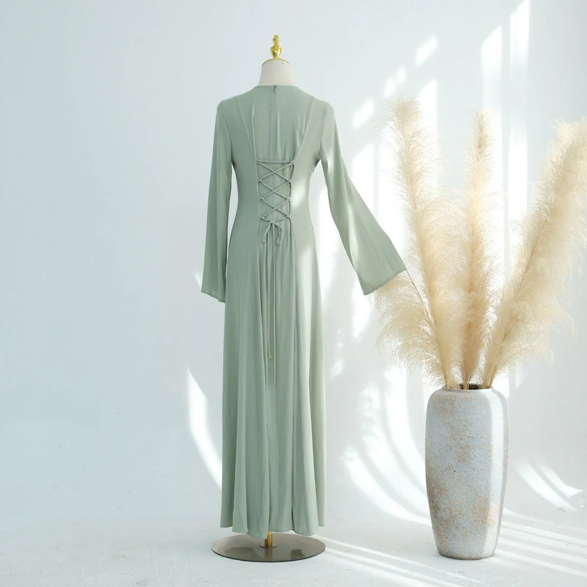 Solid Color Robe Abaya With Back-Tie | Dressing Gown Style Abaya with Flared Sleeves (MA215) - Image 6