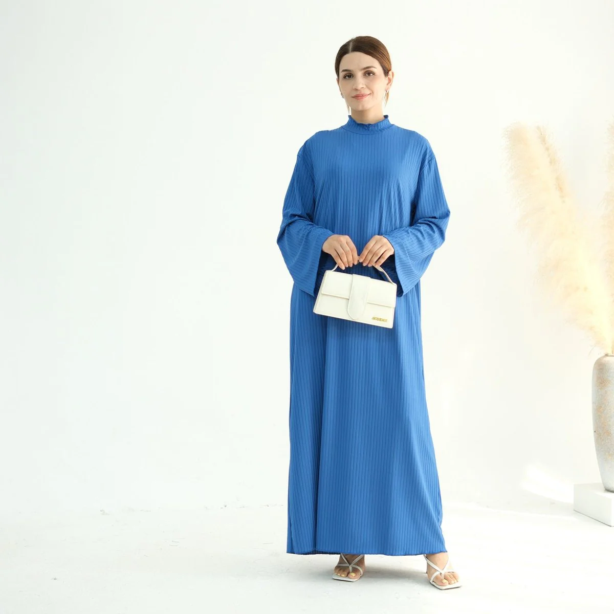 Solid Colour Standing Collar Pit Print Abaya (MA118) - Image 10