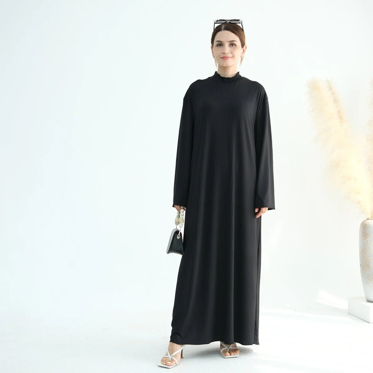 Solid Colour Standing Collar Pit Print Abaya (MA118) - Image 15