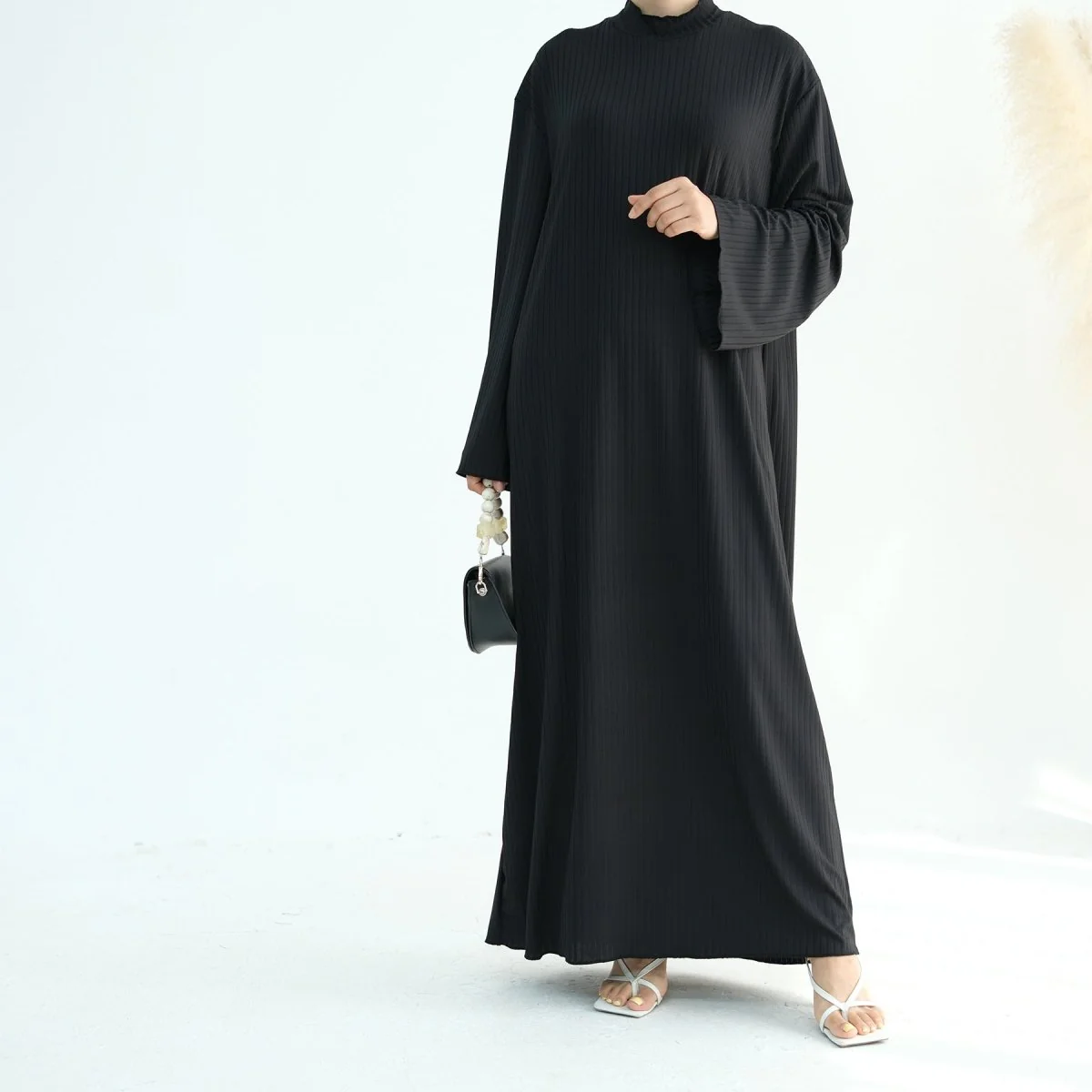 Solid Colour Standing Collar Pit Print Abaya (MA118) - Image 16