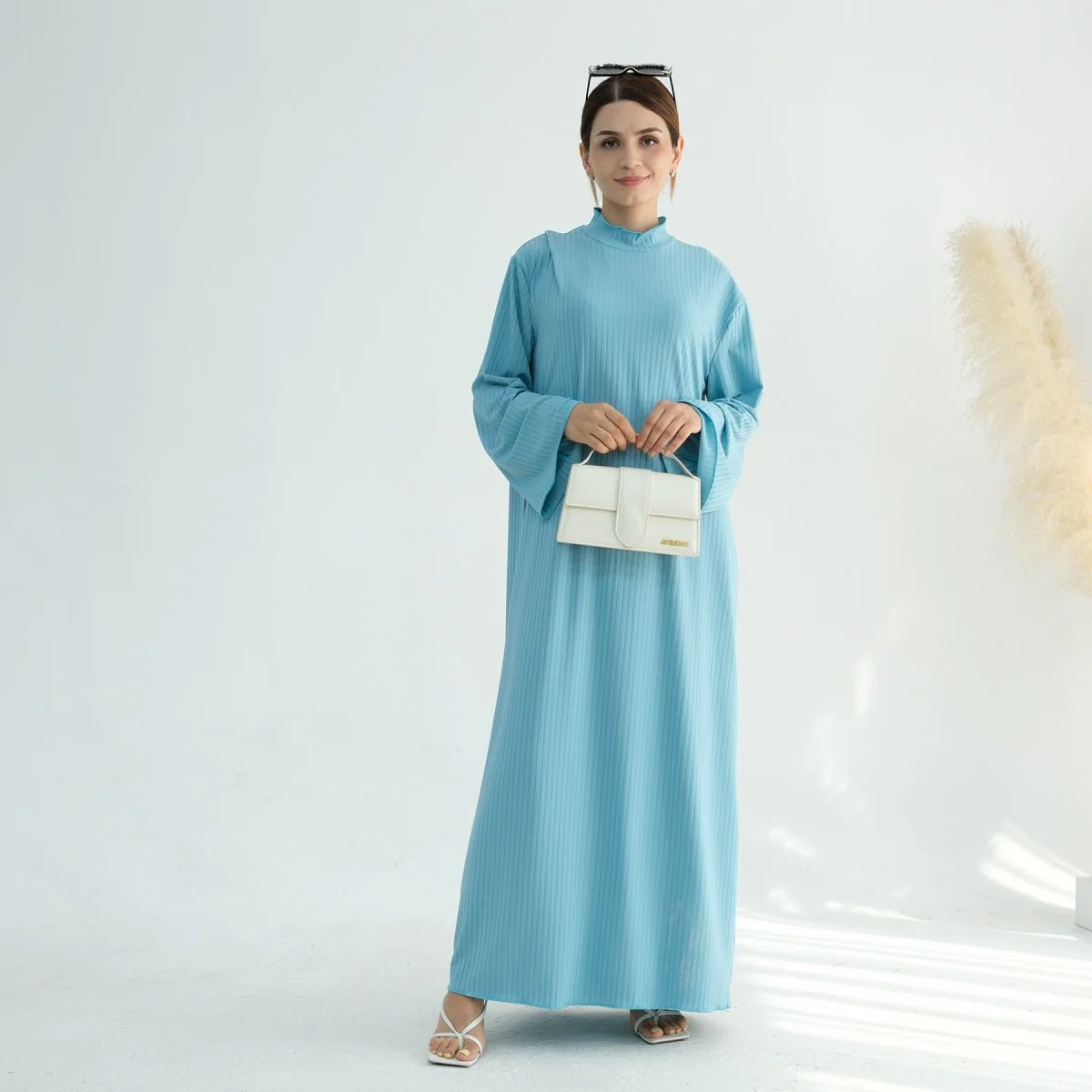 Solid Colour Standing Collar Pit Print Abaya (MA118) - Image 18