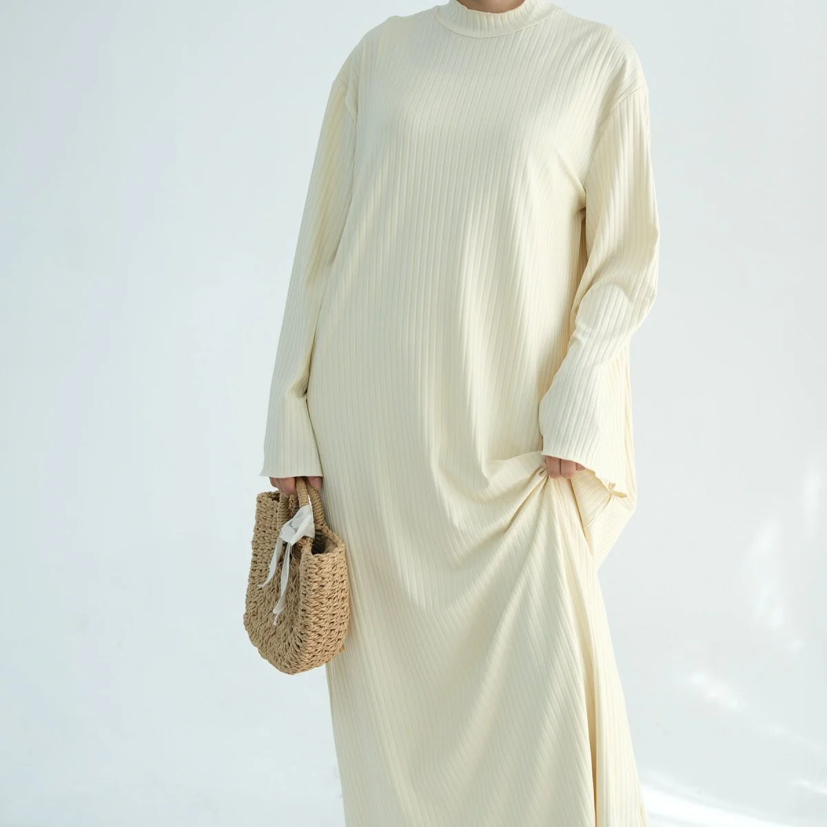Solid Colour Standing Collar Pit Print Abaya (MA118) - Image 21