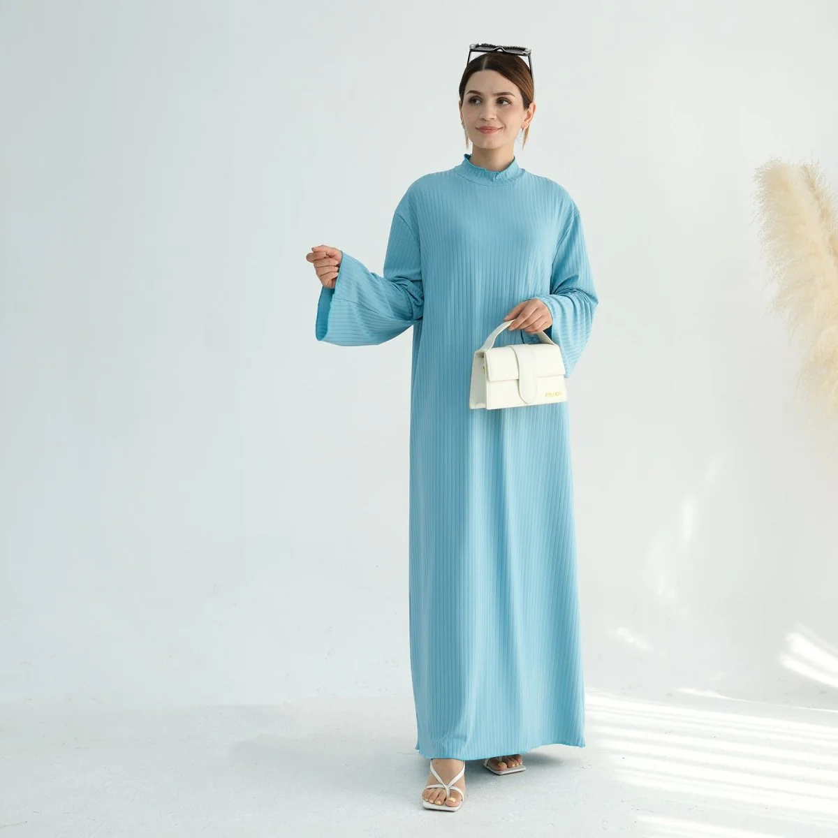 Solid Colour Standing Collar Pit Print Abaya (MA118) - Image 6
