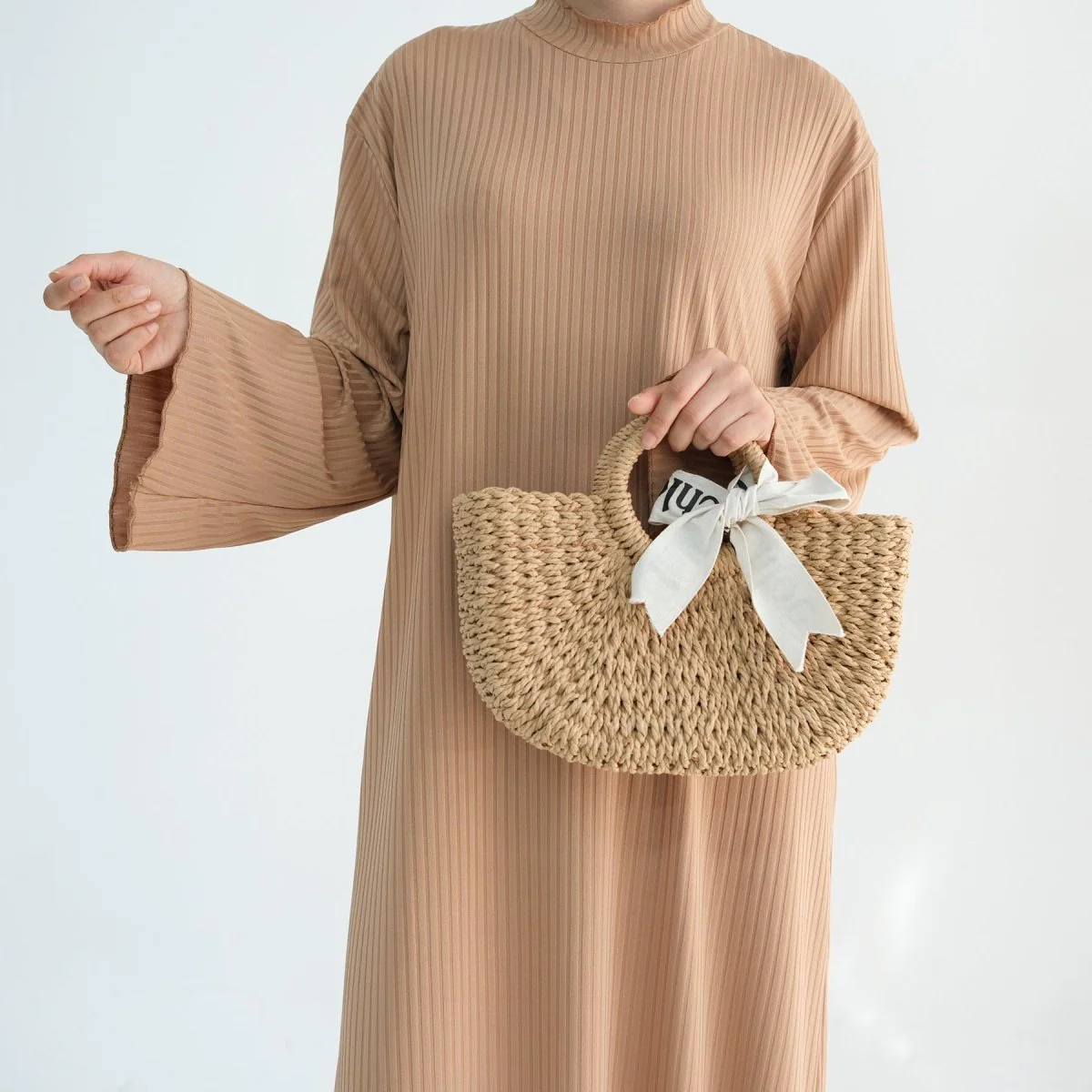 Solid Colour Standing Collar Pit Print Abaya (MA118) - Image 9