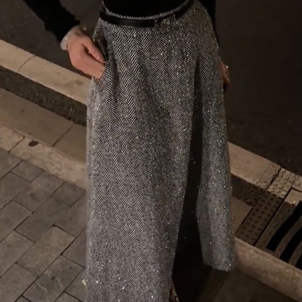Sparkle Tweed Midi Skirt with Pockets | High-Waist A-Line Herringbone Skirt(MS203) - Image 2