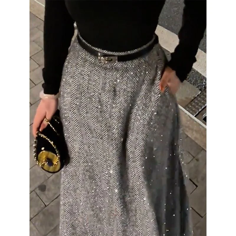 Sparkle Tweed Midi Skirt with Pockets | High-Waist A-Line Herringbone Skirt(MS203) - Image 3