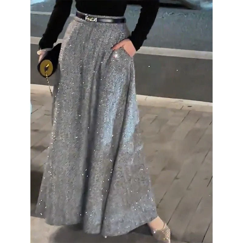 Sparkle Tweed Midi Skirt with Pockets | High-Waist A-Line Herringbone Skirt(MS203) - Image 4