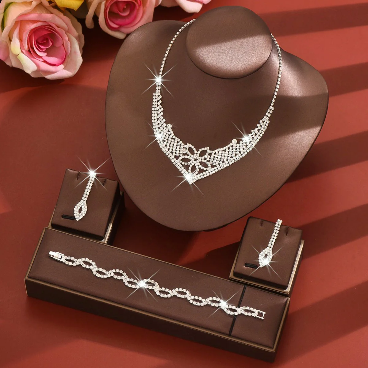 Sparkling Rhinestone Trio Earrings Necklace Bracelet Collection (MAC315) - Image 2