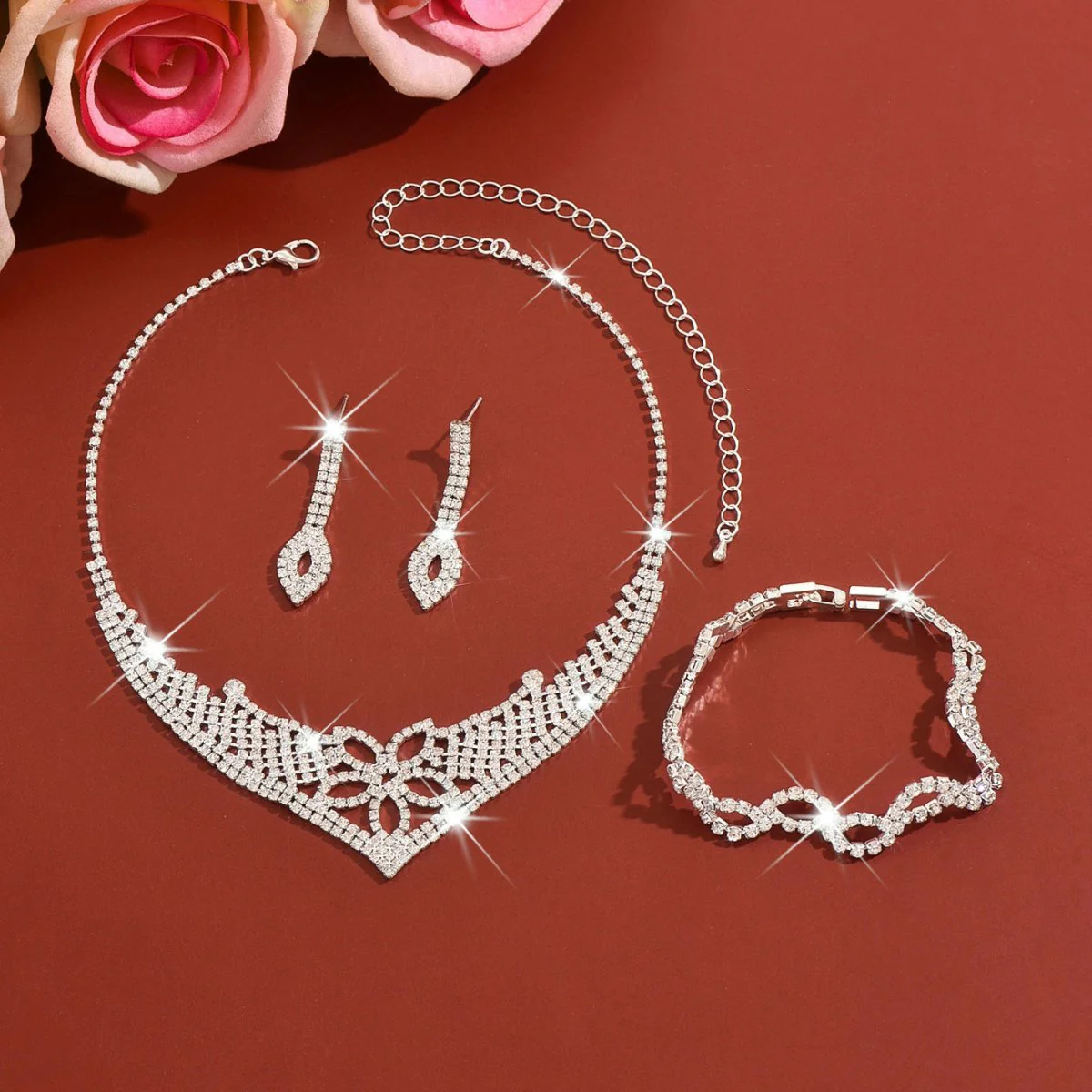 Sparkling Rhinestone Trio Earrings Necklace Bracelet Collection (MAC315) - Image 3