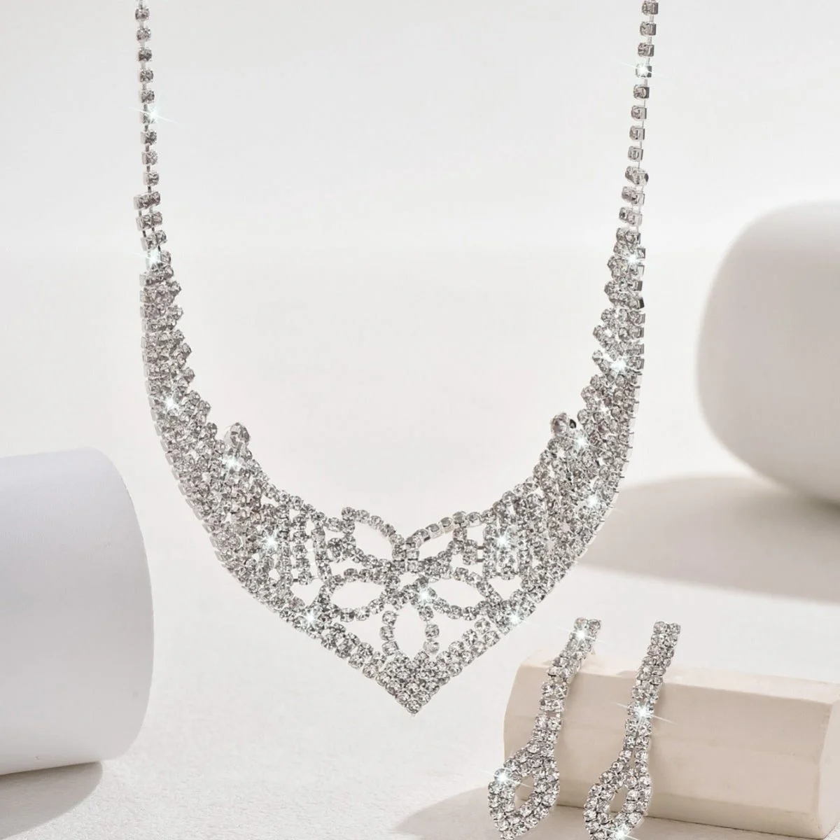 Sparkling Rhinestone Trio Earrings Necklace Bracelet Collection (MAC315) - Image 6