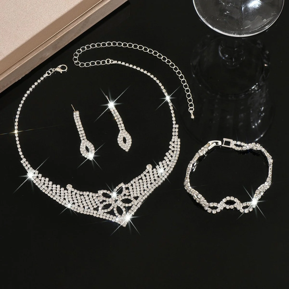 Sparkling Rhinestone Trio Earrings Necklace Bracelet Collection (MAC315) - Image 7