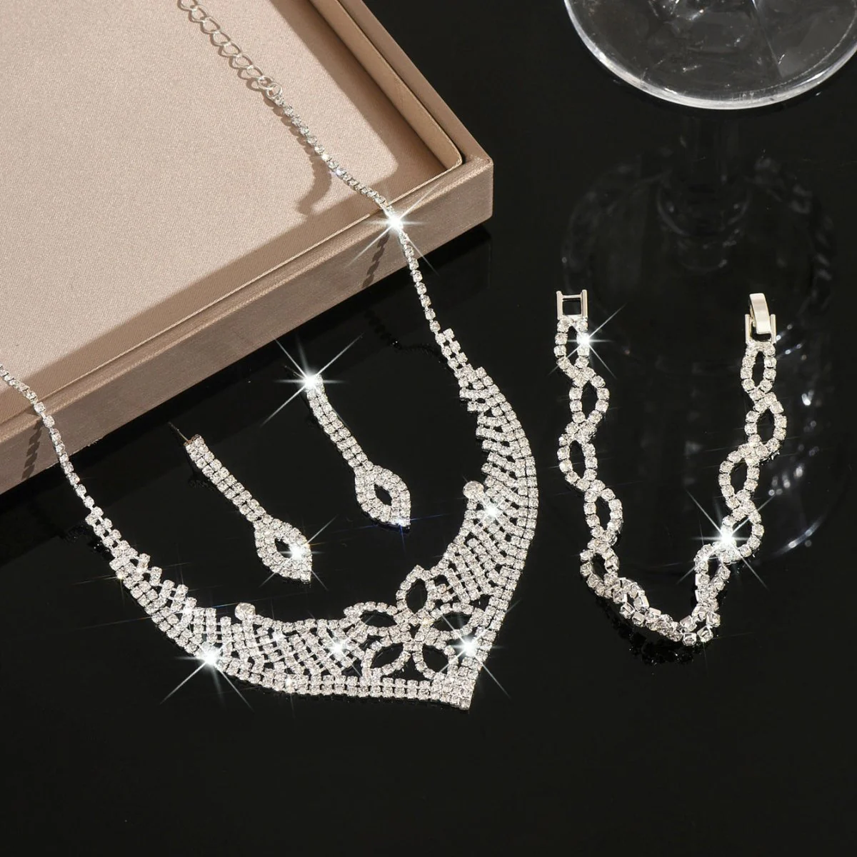 Sparkling Rhinestone Trio Earrings Necklace Bracelet Collection (MAC315) - Image 8
