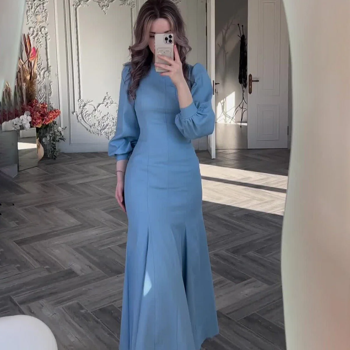 Spring Elegant Court-Style Long Sleeve Blue Chiffon Mermaid Dress Abaya (MA222) - Image 3