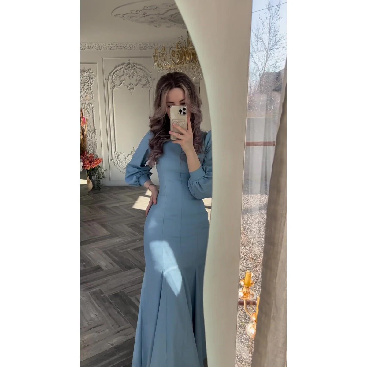 Spring Elegant Court-Style Long Sleeve Blue Chiffon Mermaid Dress Abaya (MA222) - Image 4