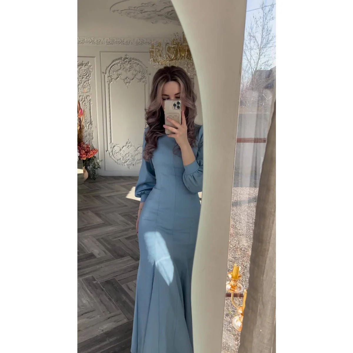 Spring Elegant Court-Style Long Sleeve Blue Chiffon Mermaid Dress Abaya (MA222) - Image 5