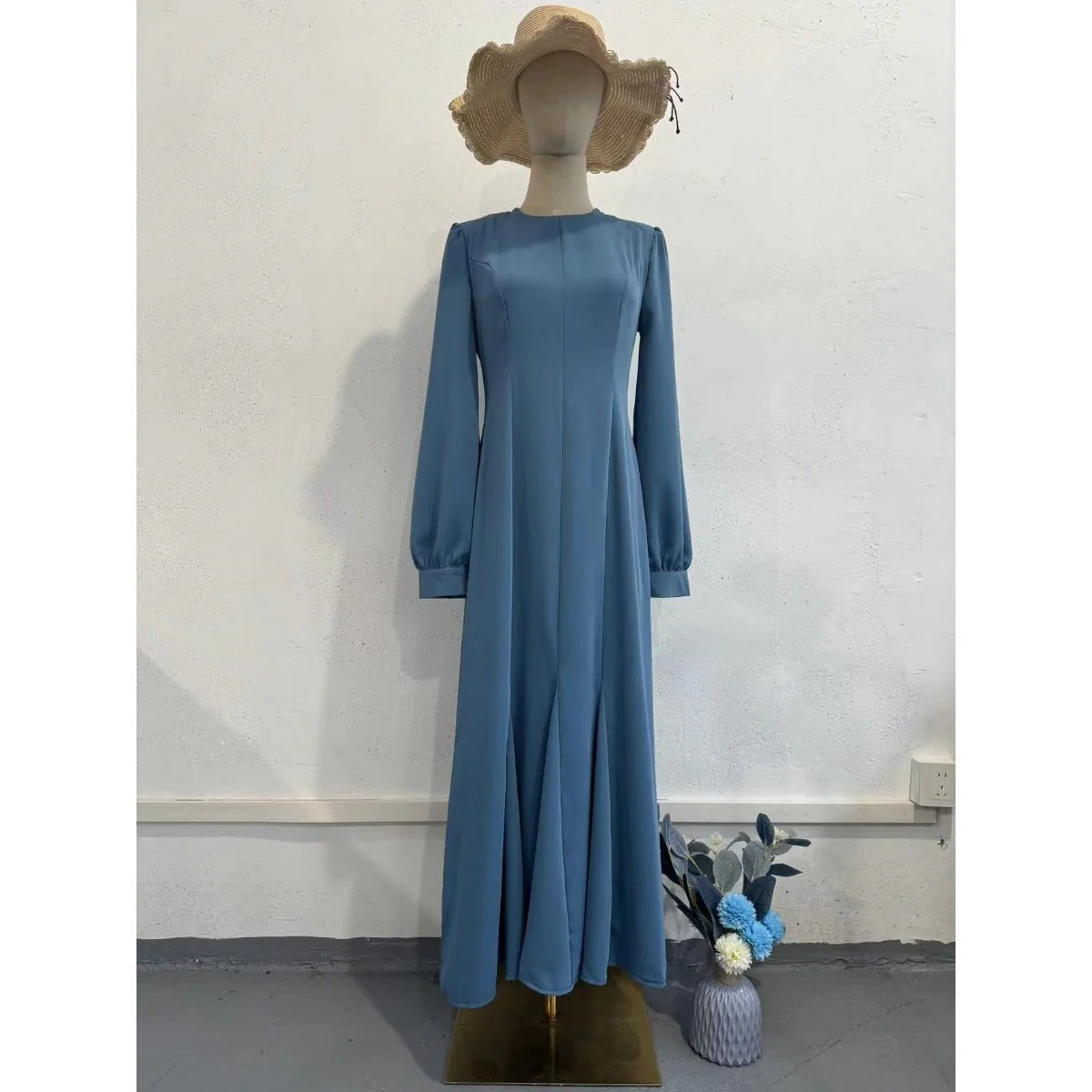 Spring Elegant Court-Style Long Sleeve Blue Chiffon Mermaid Dress Abaya (MA222) - Image 6