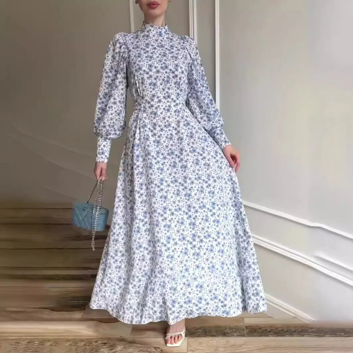 Spring Floral Satin Maxi Dress | High Neck Puff Sleeve Dress with Adjustable Waist Tie - Blue & White Botanical Print (MA236)