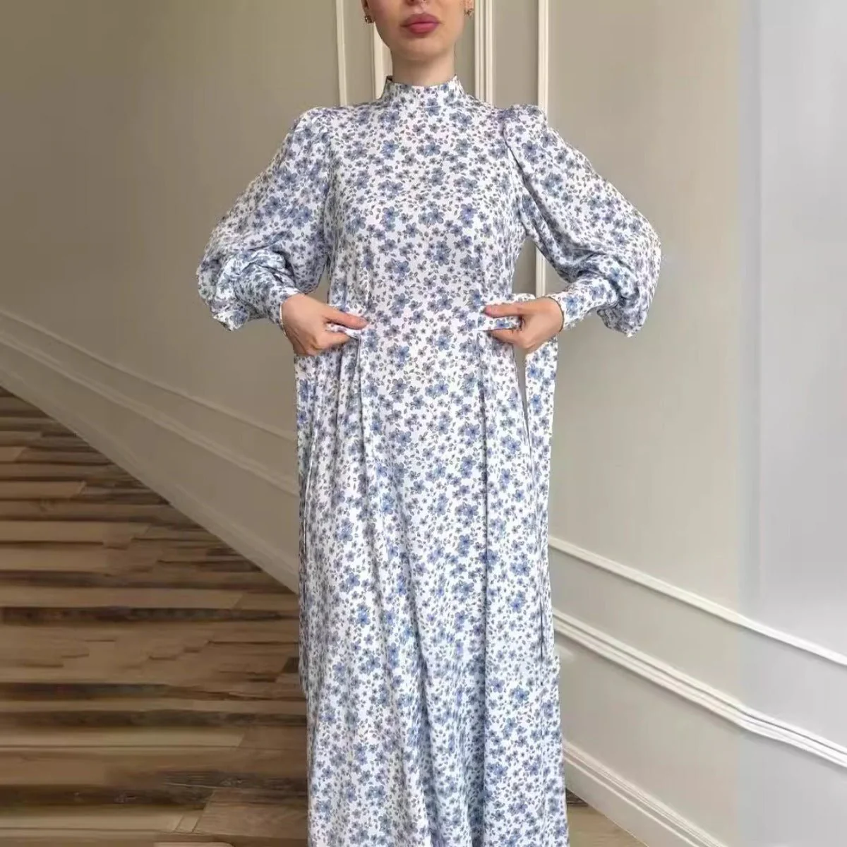 Spring Floral Satin Maxi Dress | High Neck Puff Sleeve Dress with Adjustable Waist Tie - Blue & White Botanical Print (MA236) - Image 2