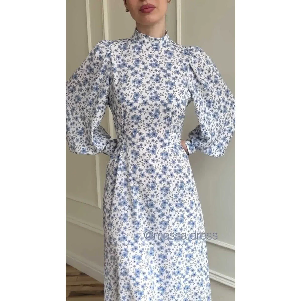 Spring Floral Satin Maxi Dress | High Neck Puff Sleeve Dress with Adjustable Waist Tie - Blue & White Botanical Print (MA236) - Image 3