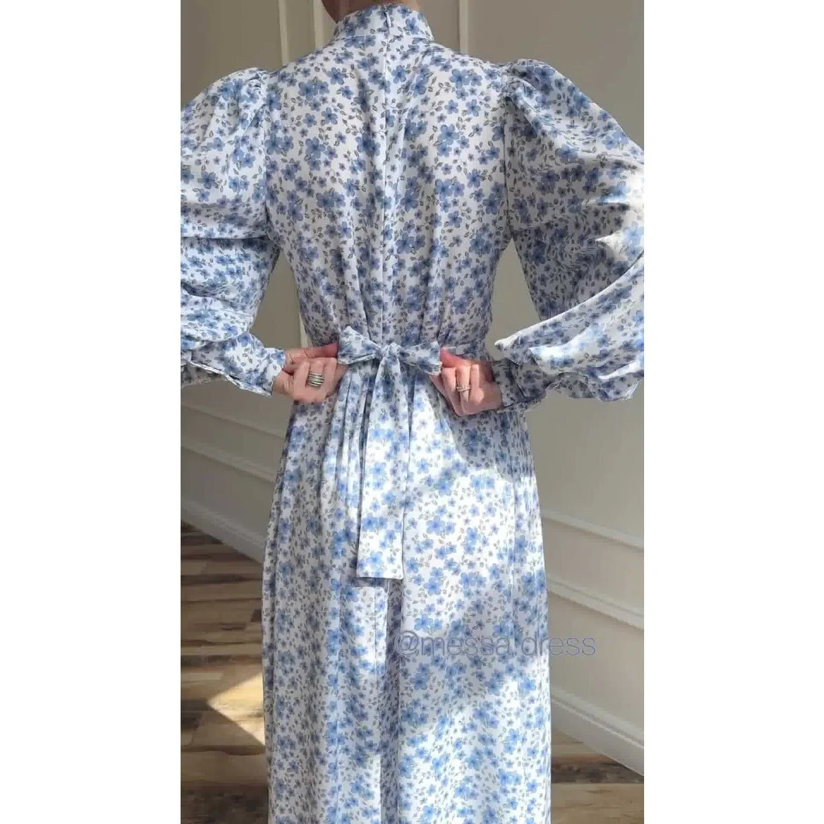 Spring Floral Satin Maxi Dress | High Neck Puff Sleeve Dress with Adjustable Waist Tie - Blue & White Botanical Print (MA236) - Image 4