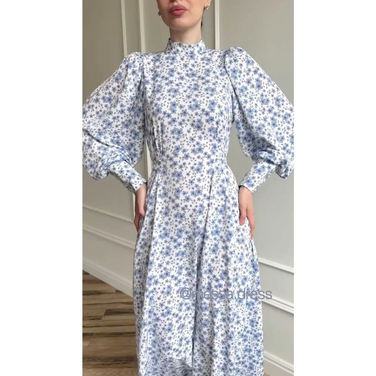 Spring Floral Satin Maxi Dress | High Neck Puff Sleeve Dress with Adjustable Waist Tie - Blue & White Botanical Print (MA236) - Image 5