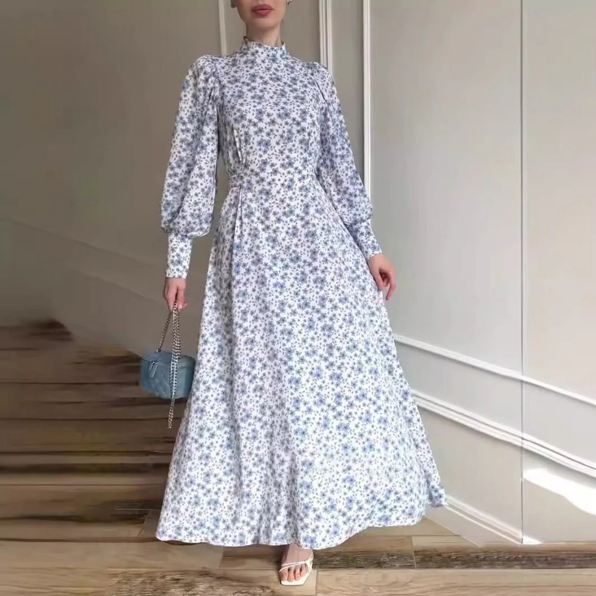 Spring Floral Satin Maxi Dress | High Neck Puff Sleeve Dress with Adjustable Waist Tie - Blue & White Botanical Print (MA236) - Image 6