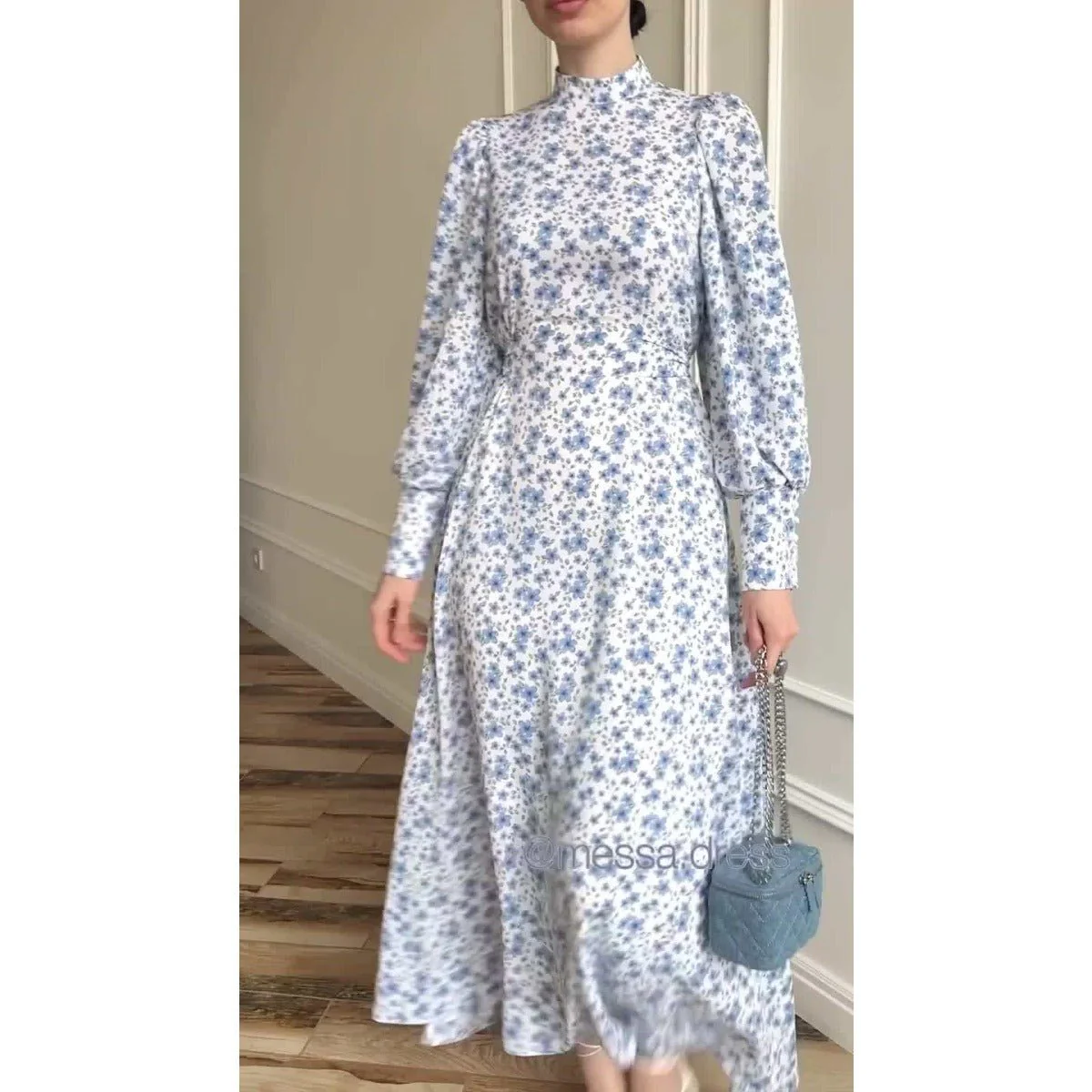 Spring Floral Satin Maxi Dress | High Neck Puff Sleeve Dress with Adjustable Waist Tie - Blue & White Botanical Print (MA236) - Image 7