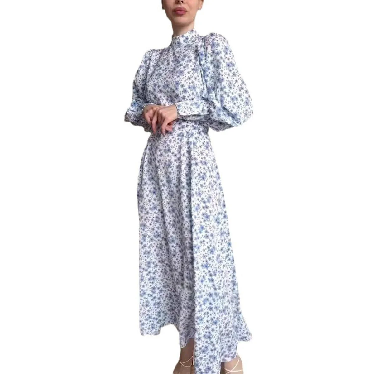 Spring Floral Satin Maxi Dress | High Neck Puff Sleeve Dress with Adjustable Waist Tie - Blue & White Botanical Print (MA236) - Image 8