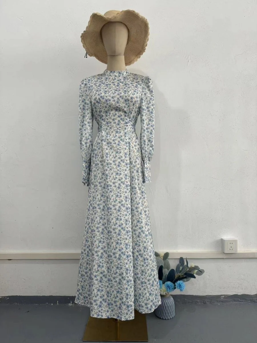 Spring Floral Satin Maxi Dress | High Neck Puff Sleeve Dress with Adjustable Waist Tie - Blue & White Botanical Print (MA236) - Image 9