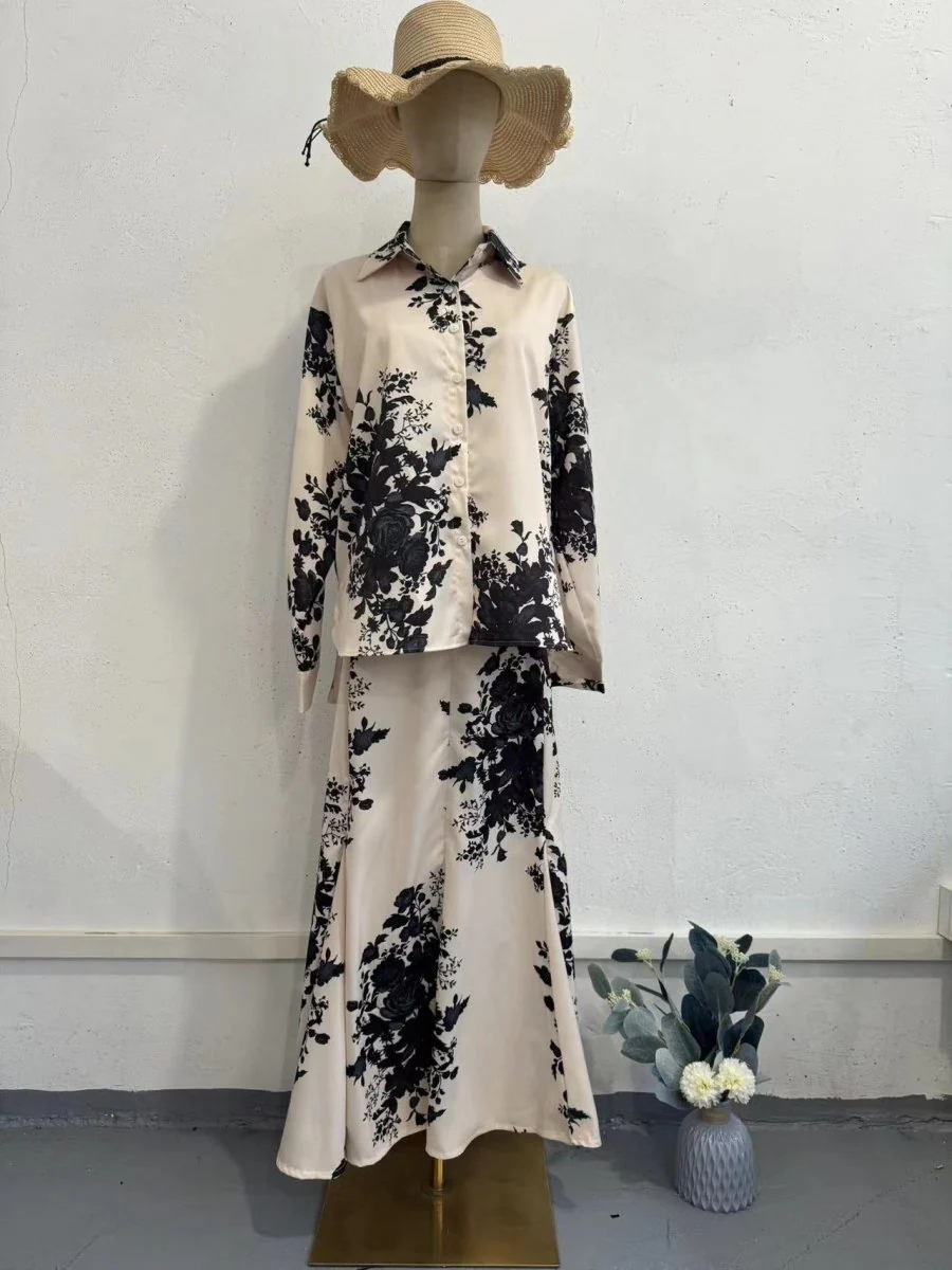 Spring New Satin Print Design Sense Skirt Set (MS081) - Image 6