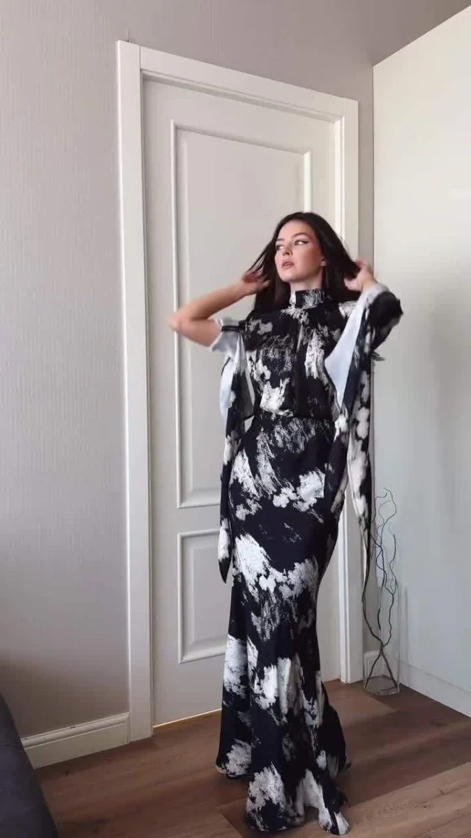 Spring Slim-Fit Lace-Up Satin Print Irregular Design Long Dress (MA162) - Image 5