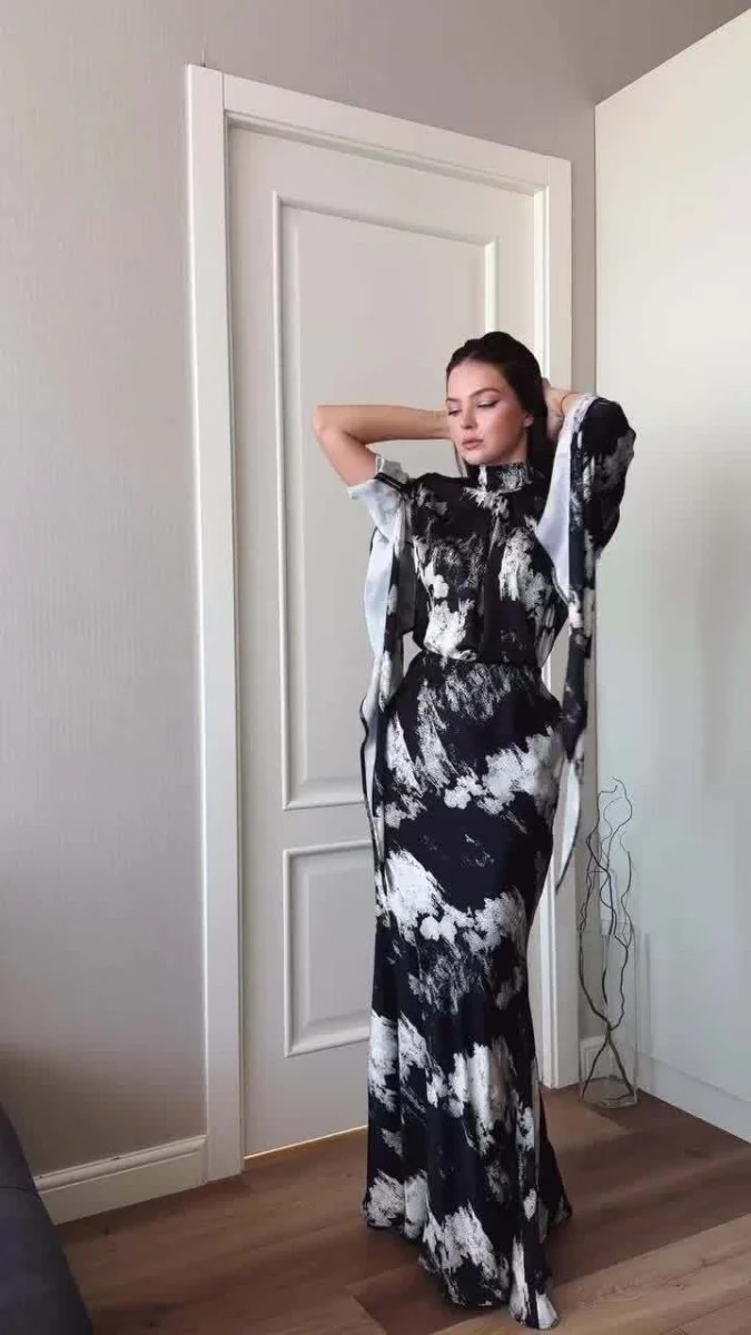 Spring Slim-Fit Lace-Up Satin Print Irregular Design Long Dress (MA162) - Image 6