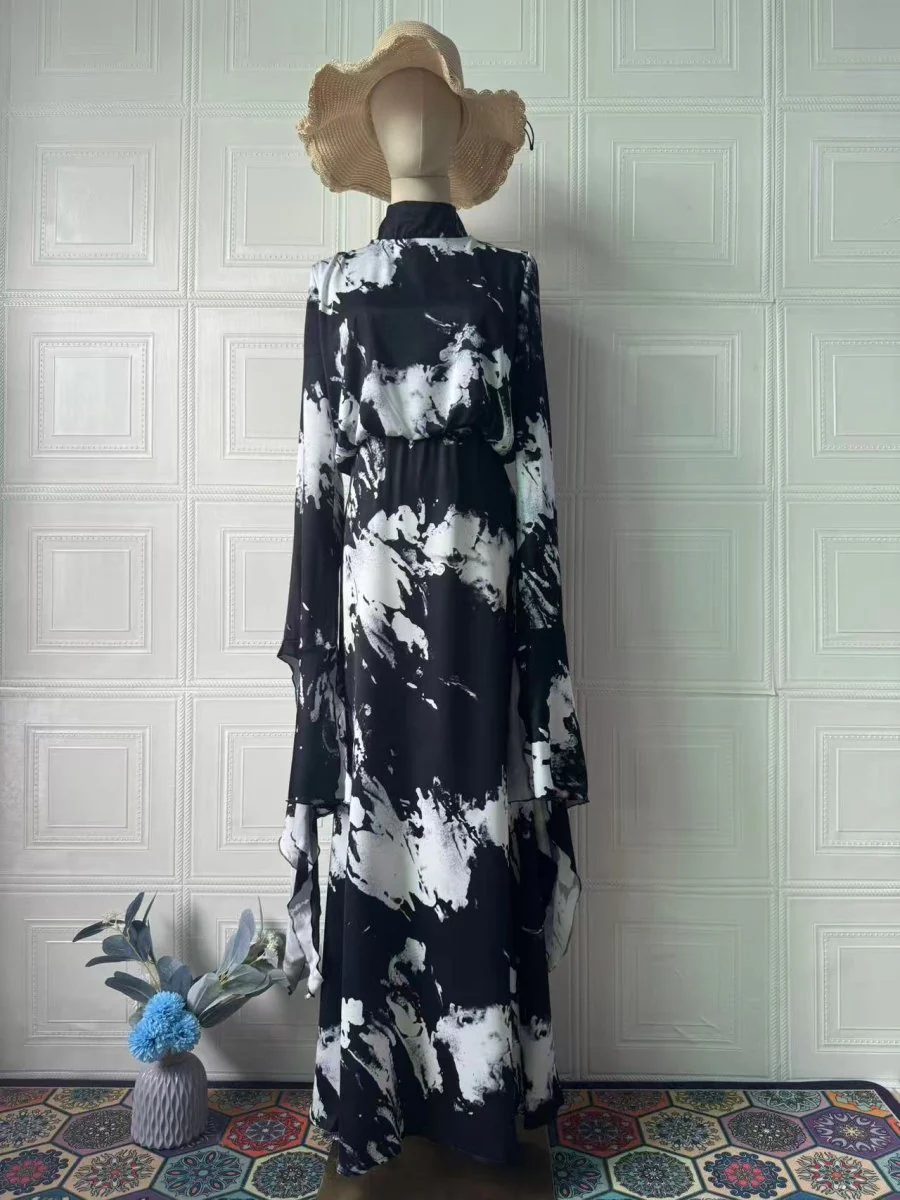 Spring Slim-Fit Lace-Up Satin Print Irregular Design Long Dress (MA162) - Image 9