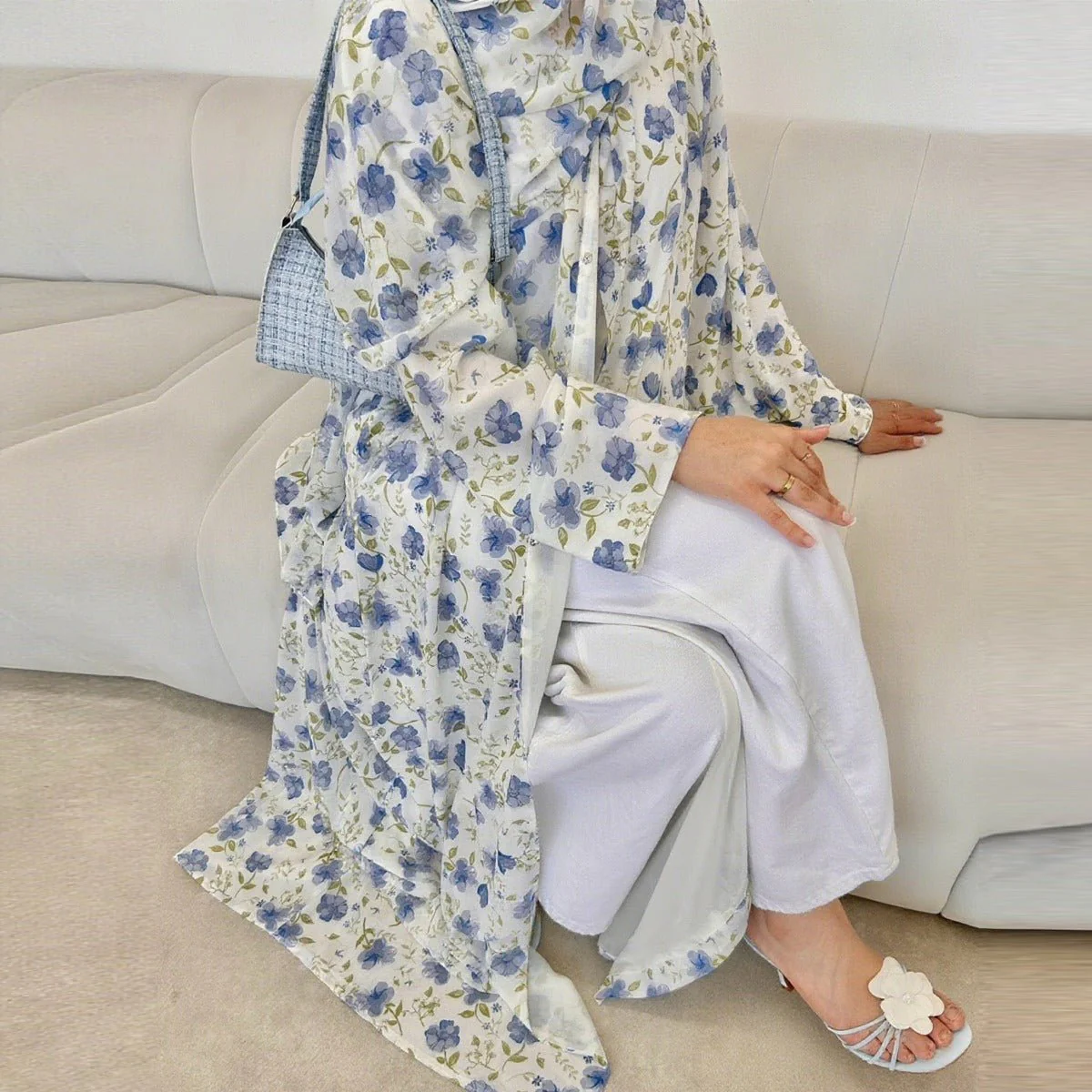 Spring Summer Floral Print Chiffon Cardigan | Double-Layer Modest Cover-Up Abaya (MOA170) - Image 11