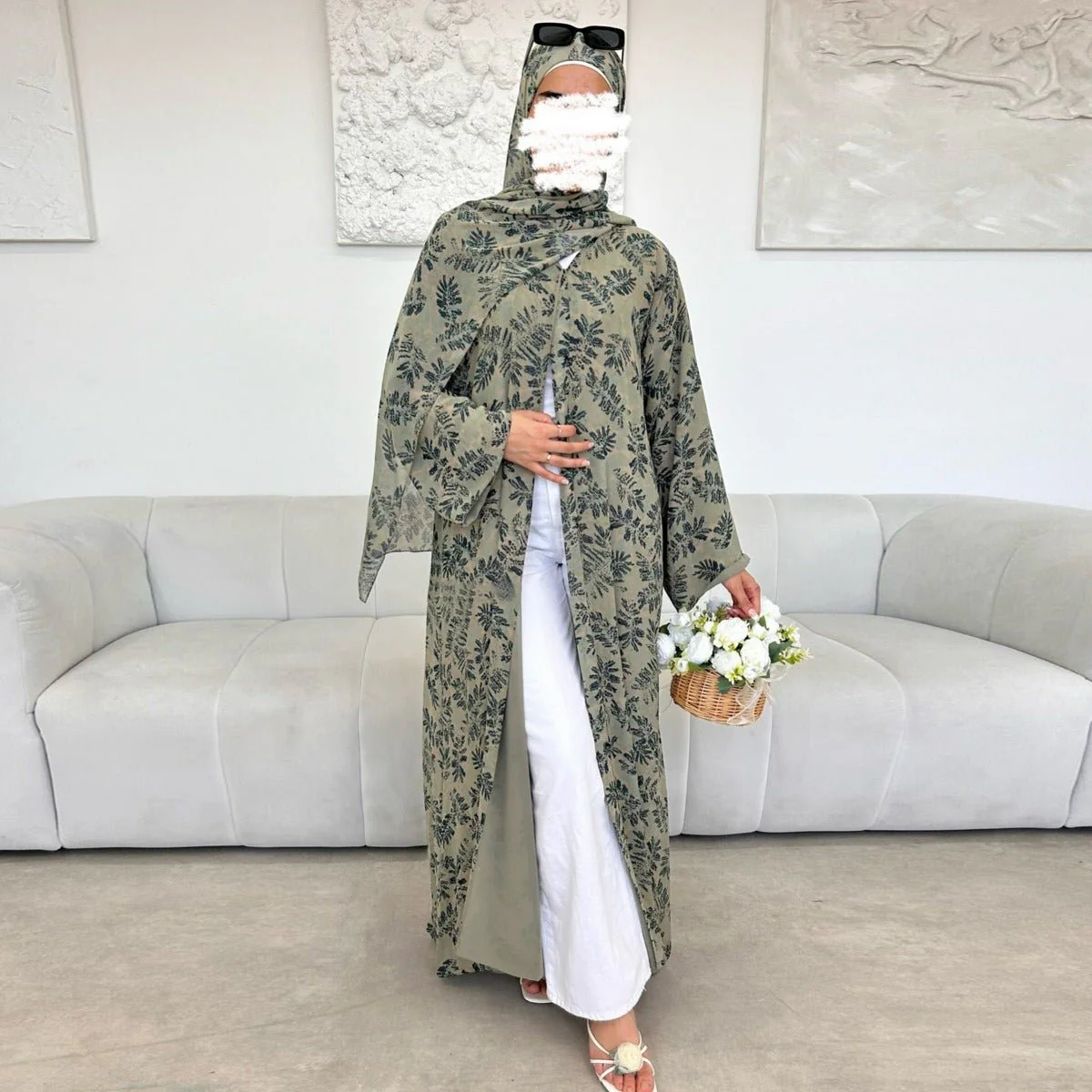 Spring Summer Floral Print Chiffon Cardigan | Double-Layer Modest Cover-Up Abaya (MOA170) - Image 19