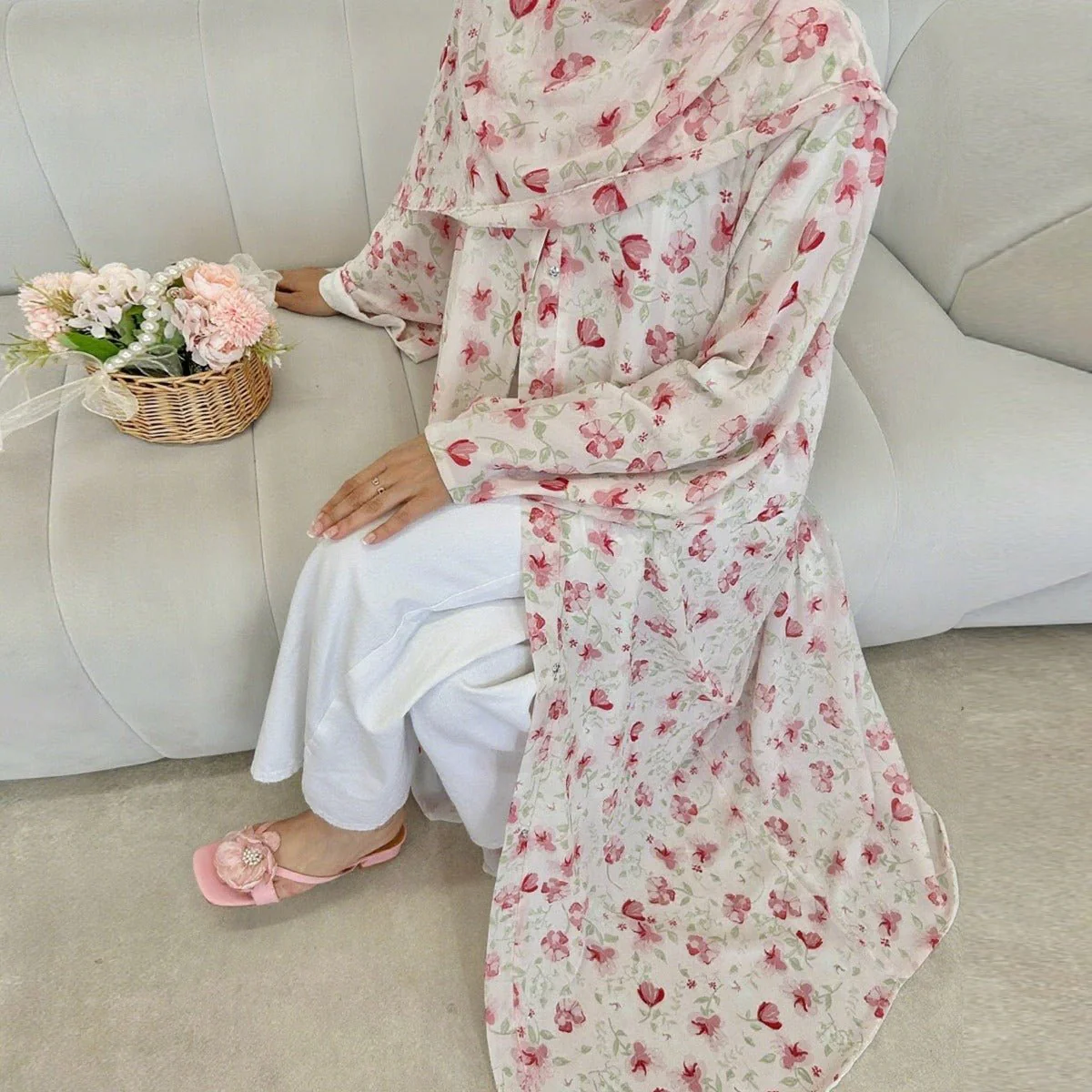 Spring Summer Floral Print Chiffon Cardigan | Double-Layer Modest Cover-Up Abaya (MOA170) - Image 3