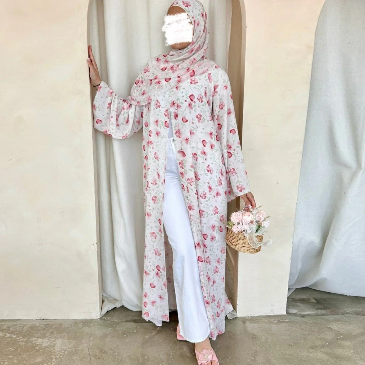 Spring Summer Floral Print Chiffon Cardigan | Double-Layer Modest Cover-Up Abaya (MOA170) - Image 4