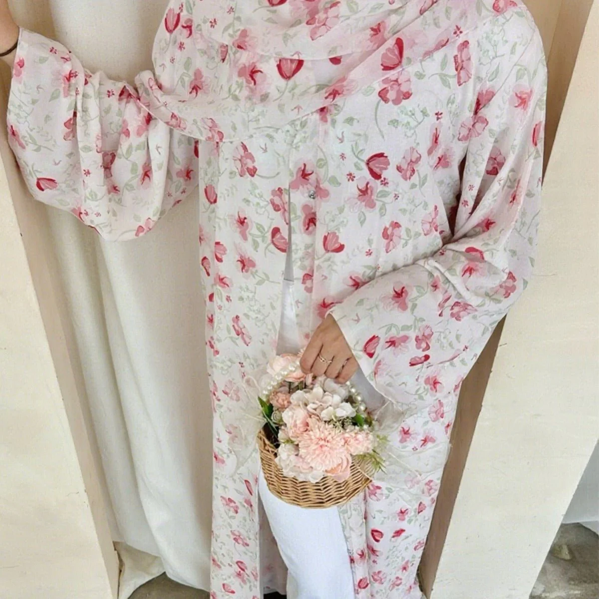 Spring Summer Floral Print Chiffon Cardigan | Double-Layer Modest Cover-Up Abaya (MOA170) - Image 5