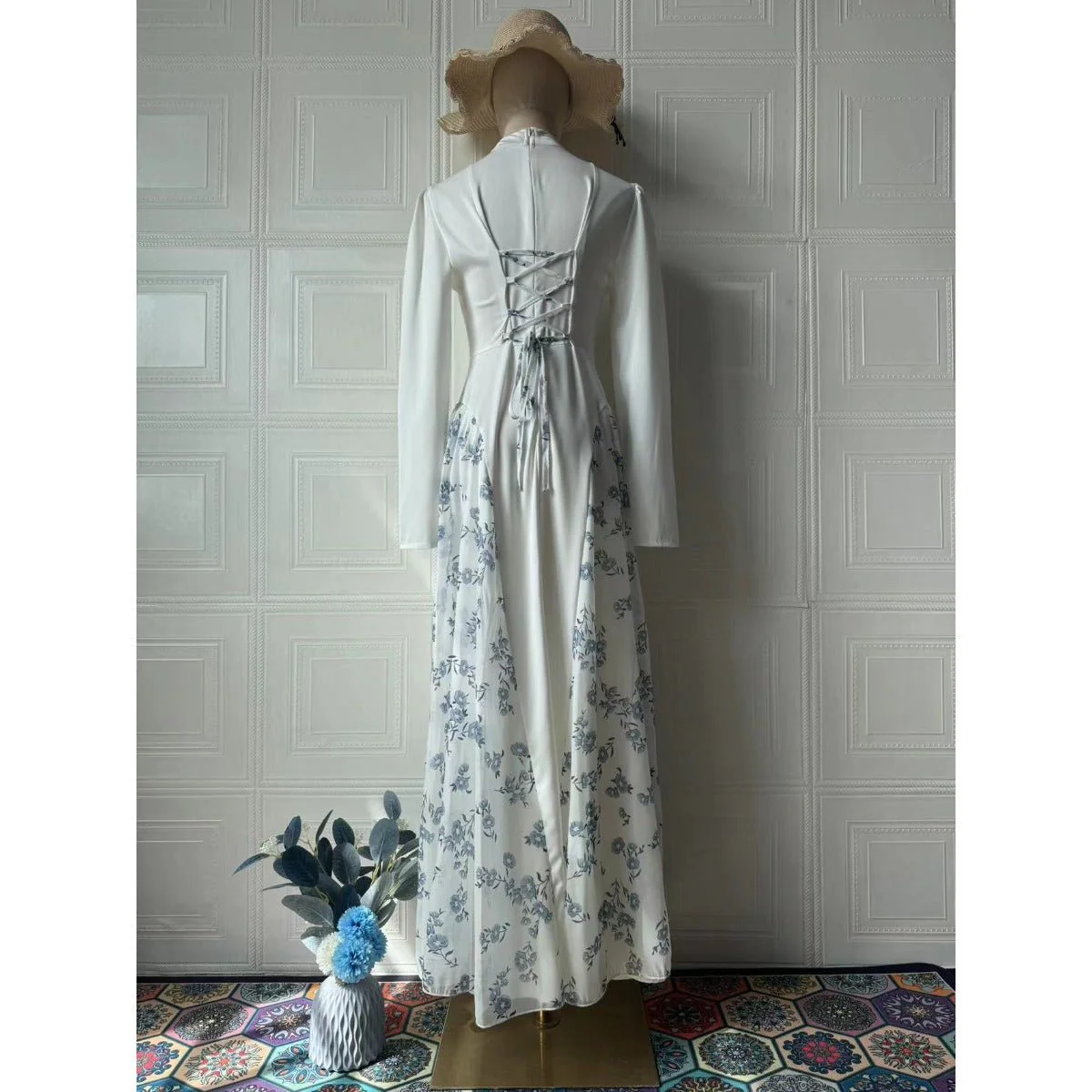 Spring Temperament Black Maxi Dress And Elegant High Neck Long Sleeve Dress with Floral Accent (MA220) - Image 11
