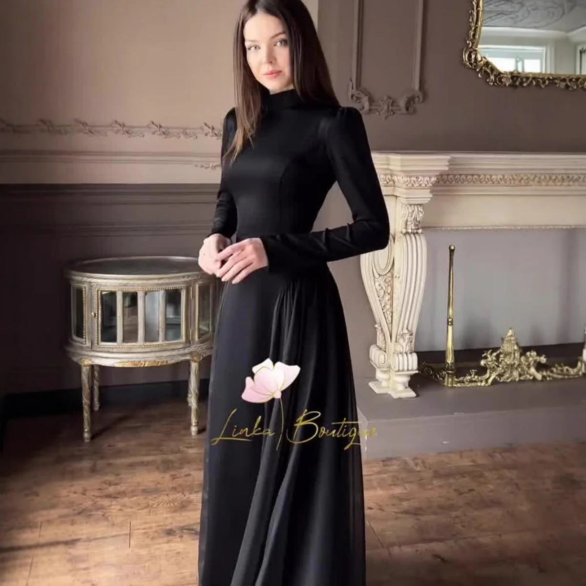 Spring Temperament Black Maxi Dress And Elegant High Neck Long Sleeve Dress with Floral Accent (MA220) - Image 2