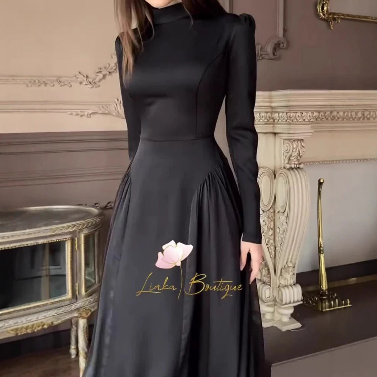 Spring Temperament Black Maxi Dress And Elegant High Neck Long Sleeve Dress with Floral Accent (MA220) - Image 3