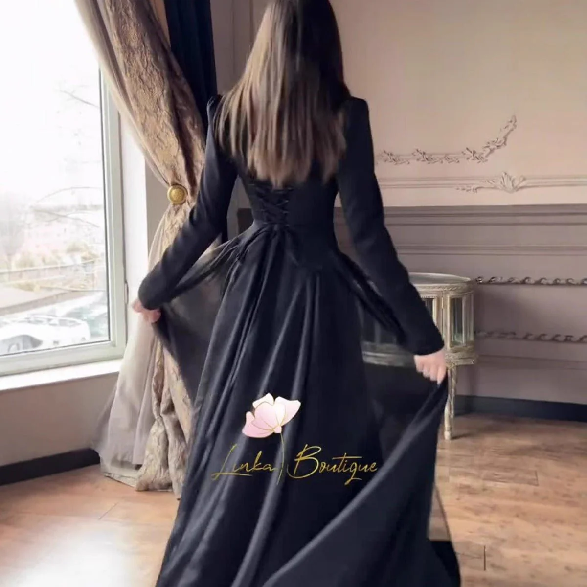 Spring Temperament Black Maxi Dress And Elegant High Neck Long Sleeve Dress with Floral Accent (MA220) - Image 4